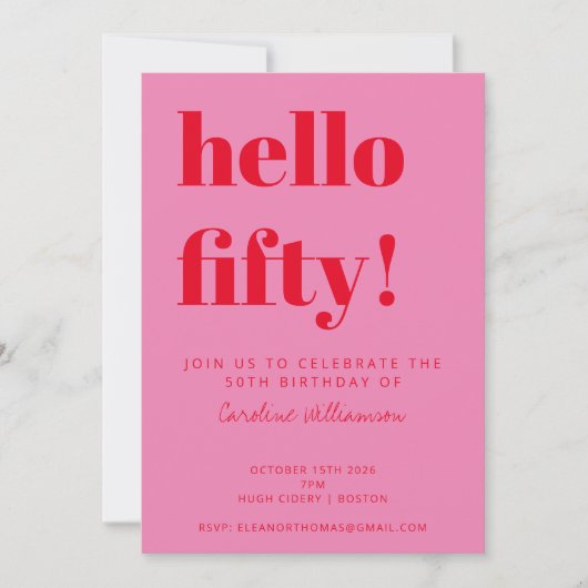 はっきりしたタイポグラフィピンクモダンレッド50誕生日 招待状 (正面)
