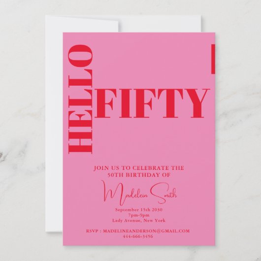 はっきりしたタイポグラフィピンクモダンレッド50誕生日 招待状 (正面)