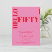 はっきりしたタイポグラフィピンクモダンレッド50誕生日 招待状 (スタンド正面)