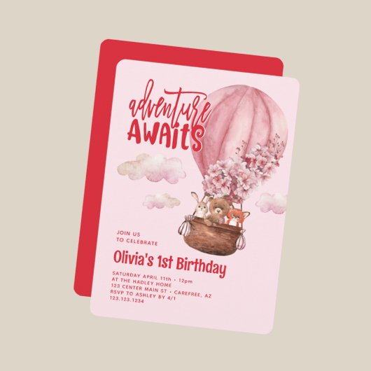 はっきりしたタイポグラフィピンクレッド1歳 招待状