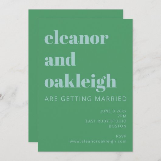 はっきりしたタイポグラフィブライトグリーンモダンブ結婚ルー 招待状 (正面/裏面)