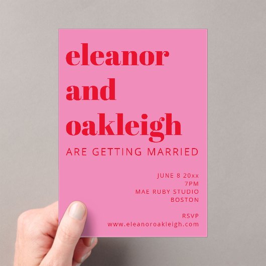 はっきりしたタイポグラフィブライトピンクと赤モダンの結婚値 アクリル招待状 (インサイチュ (ポータブル))