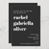 はっきりしたタイポグラフィブラックモダンバルミツワー 招待状 (正面/裏面)