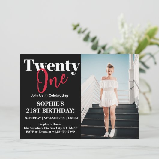 はっきりしたタイポグラフィブラックモダン21歳の誕生日パーティー 招待状 (スタンド正面)