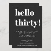 はっきりしたタイポグラフィブラックモダン30歳の誕生日パーティー 招待状 (正面/裏面)