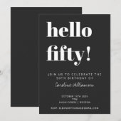 はっきりしたタイポグラフィブラックモダン50thバースデーパーティー 招待状 (正面/裏面)