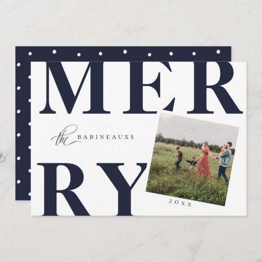 はっきりしたタイポグラフィホリメリーデーフォトカードネイビーブルー シーズンカード (正面/裏面)