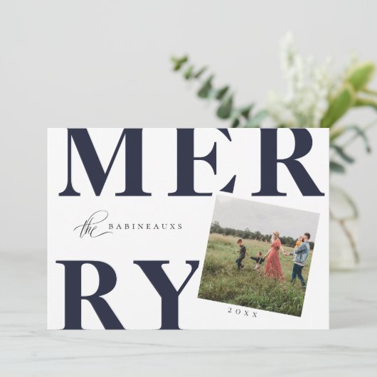 はっきりしたタイポグラフィホリメリーデーフォトカードネイビーブルー シーズンカード (スタンド正面)