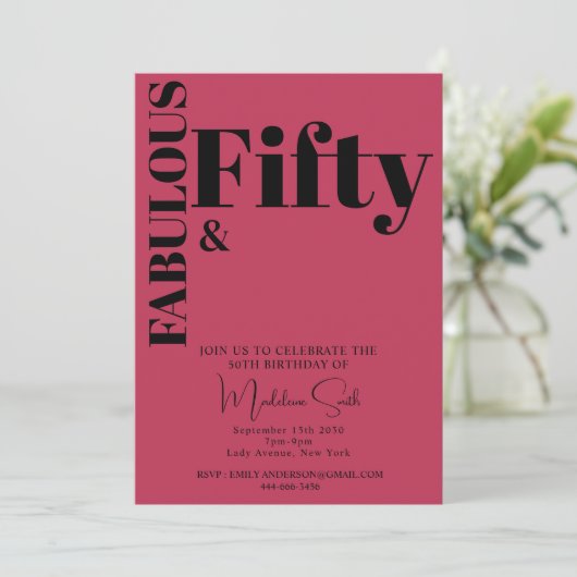 はっきりしたタイポグラフィマゼンモダンタ50誕生日 招待状 (スタンド正面)