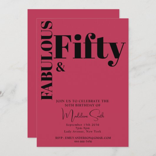 はっきりしたタイポグラフィマゼンモダンタ50誕生日 招待状 (正面/裏面)