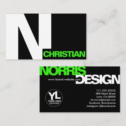 はっきりしたタイポグラフィモダンイニシャル白黒グリーン 名刺 (正面/裏面)