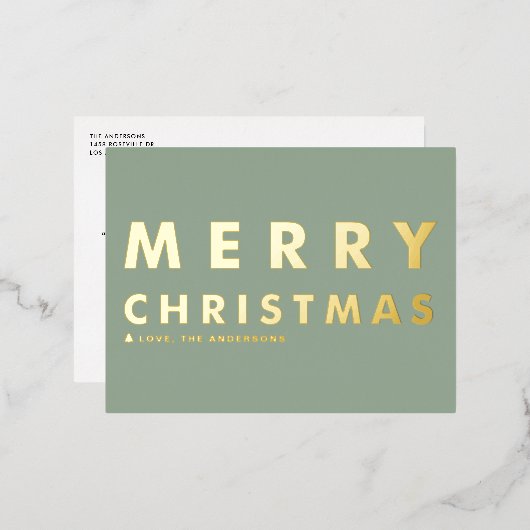 はっきりしたタイポグラフィモダンセージ緑メリークリスマス 箔シーズンポストカード (正面/裏面)