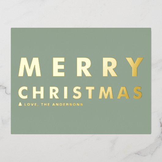 はっきりしたタイポグラフィモダンセージ緑メリークリスマス 箔シーズンポストカード (正面)