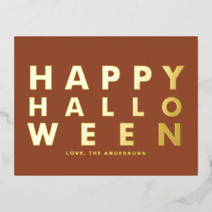はっきりしたタイポグラフィモダンテラコッタハッピーハローウィン 箔シーズンポストカード