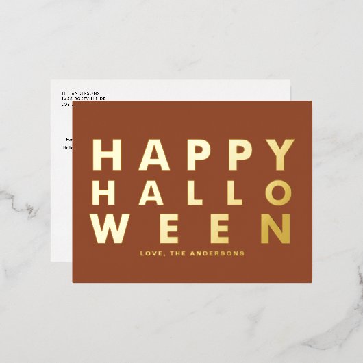 はっきりしたタイポグラフィモダンテラコッタハッピーハローウィン 箔シーズンポストカード (正面/裏面)