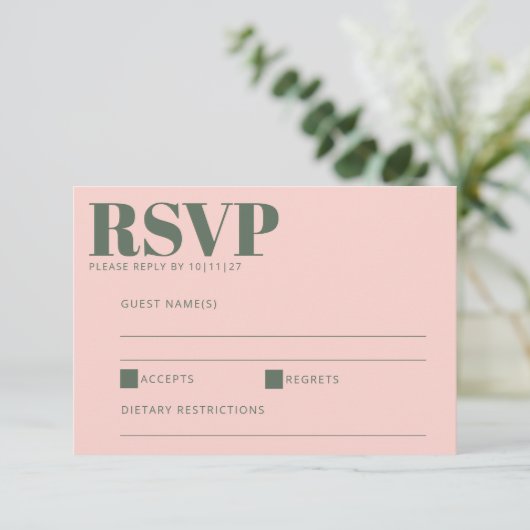 はっきりしたタイポグラフィモダンピンクとグリーン 出欠カード (スタンド正面)