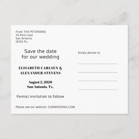 はっきりしたタイポグラフィモダン写真の結婚式の日付を保存 案内ポストカード (裏面)