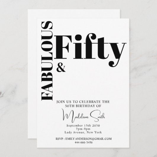 はっきりしたタイポグラフィモダン白黒50誕生日 招待状 (正面/裏面)