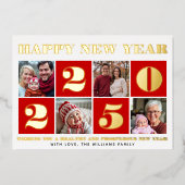 はっきりしたタイポグラフィレッドHappy New Year写真コラージュ 箔シーズンカード (正面)