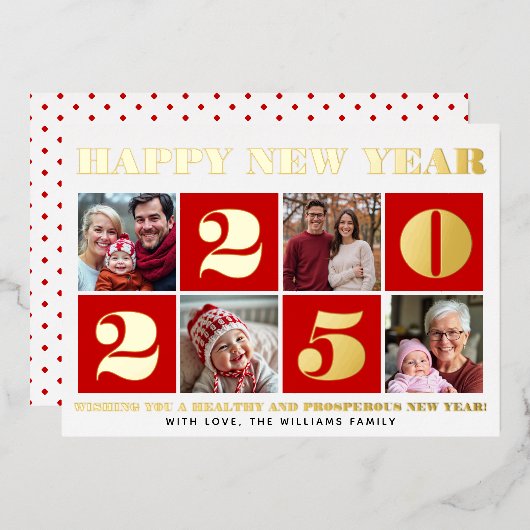 はっきりしたタイポグラフィレッドHappy New Year写真コラージュ 箔シーズンカード (正面/裏面)