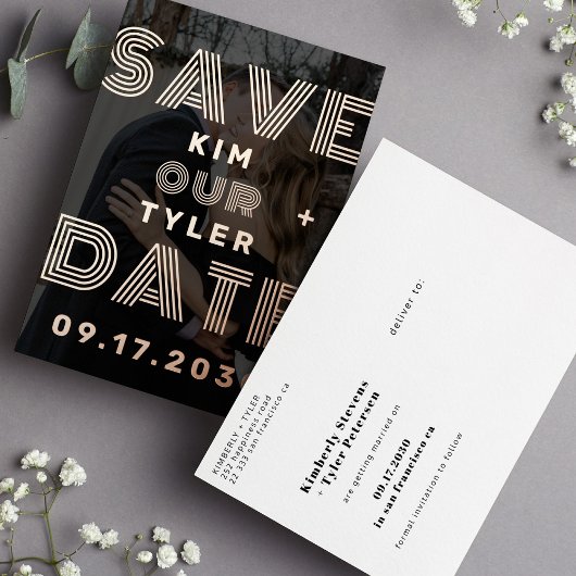 はっきりしたタイポグラフィ写真バラ結婚金ゴールドの救日付 箔招待状ポストカード