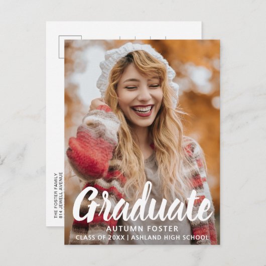 はっきりしたタイポグラフィ写真モダン卒業 案内ポストカード (正面/裏面)