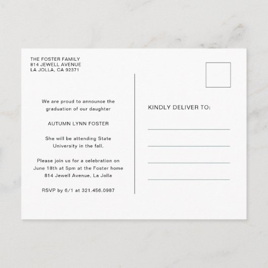 はっきりしたタイポグラフィ写真モダン卒業 案内ポストカード (裏面)