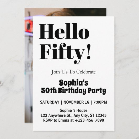 はっきりしたタイポグラフィ白黒50誕生日 招待状 (正面/裏面)