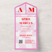 はっきりしたタイポグラフィ鮮やかピンクレッドモノグラム結婚ズ オールインワン招待状 (内側)