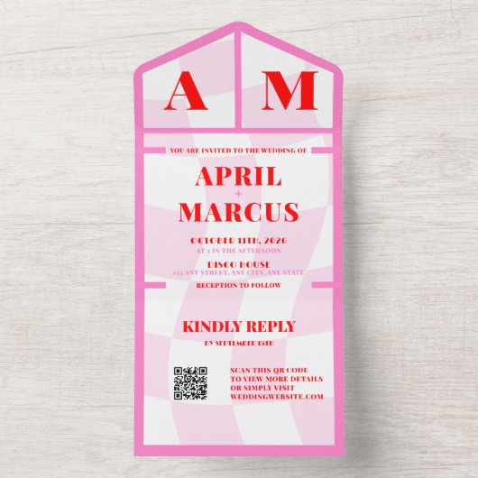 はっきりしたタイポグラフィ鮮やかピンクレッドモノグラム結婚ズ オールインワン招待状 (内側)