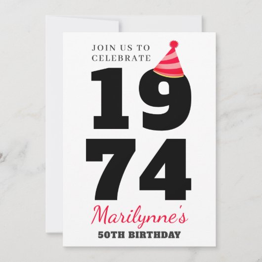 はっきりしたタイポグラフィ50誕生日 招待状 (正面)