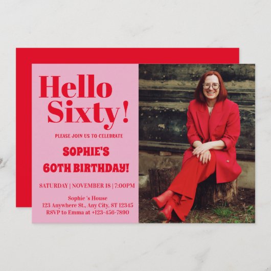 はっきりしたタイポグラフィ60モダン番目の誕生日写真パーティー 招待状 (正面/裏面)