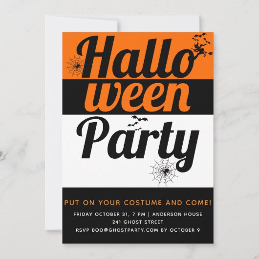 はっきりしたタイポグラフィ、こうもり及びクモハローウィンパーティ 招待状 (正面)