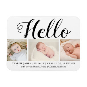 はっきりしたタイポグラフィ「こんにちは」 3 Photo Birth Announcement マグネット