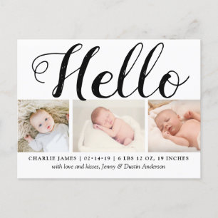はっきりしたタイポグラフィ「こんにちは」 3 Photo Birth Announcement 案内ポストカード