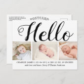 はっきりしたタイポグラフィ「こんにちは」 3 Photo Birth Announcement 案内ポストカード (正面/裏面)