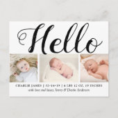 はっきりしたタイポグラフィ「こんにちは」 3 Photo Birth Announcement 案内ポストカード (正面)