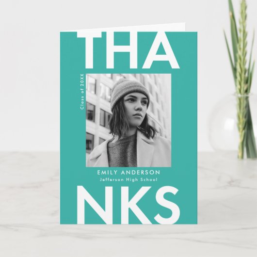 はっきりしたターコイズ写真卒業 サンキューカード (正面)