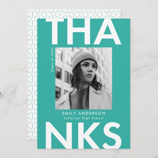 はっきりしたターコイズ写真卒業 サンキューカード (正面/裏面)