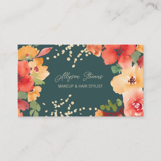 はっきりしたティール(緑がかった色)フローラ金ゴールドメイクアップヘアロゴqrコード 名刺 (正面)