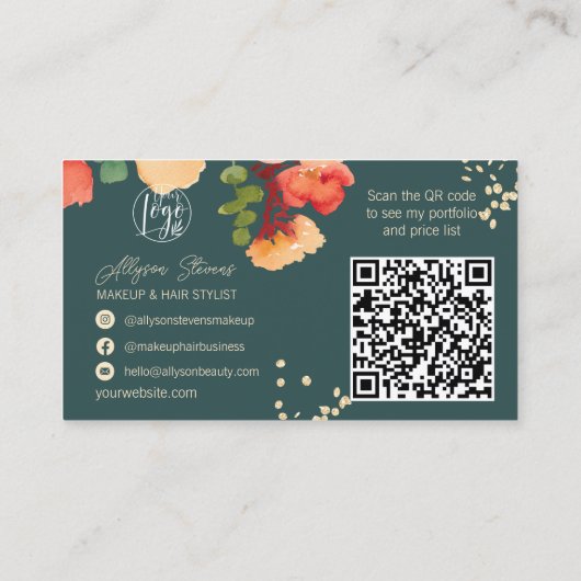 はっきりしたティール（緑がかった色）フローラ金ゴールドメイクアップヘアロゴqrコード 名刺 (裏面)