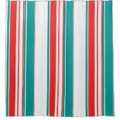 はっきりしたティール（緑がかった色）レッドストライプ シャワーカーテン (正面)