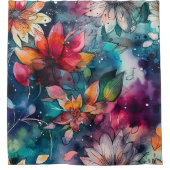 はっきりしたティール（緑がかった色）紫ブルーレッドウォーターカラーフラワー シャワーカーテン (正面)