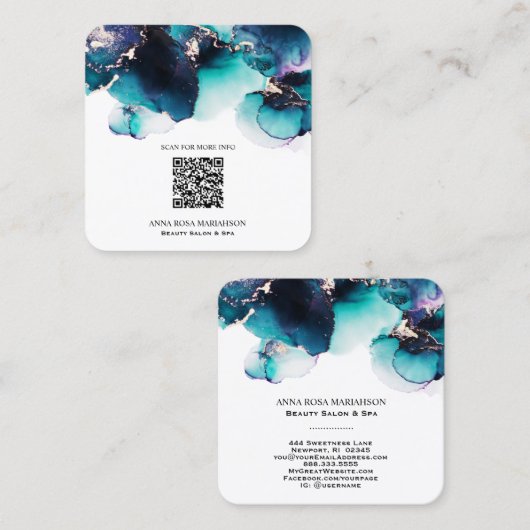 *~*はっきりしたティール（緑がかった色）QRコードYummy金ゴールドはっきりしたAP29 スクエア名刺 (正面/裏面)