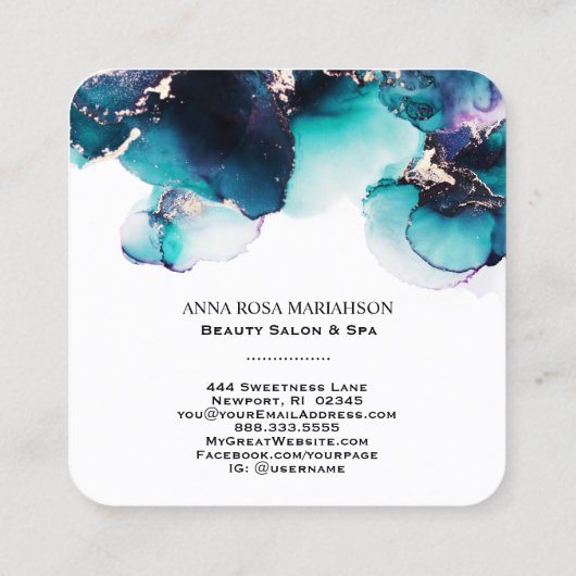 *~*はっきりしたティール（緑がかった色）QRコードYummy金ゴールドはっきりしたAP29 スクエア名刺 (裏面)