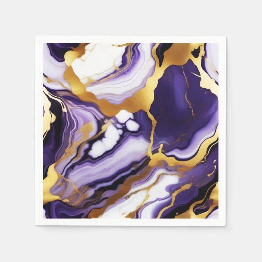 はっきりしたトレンディー紫イエロー金ゴールド大理石フェイク スタンダードカクテルナプキン (正面)