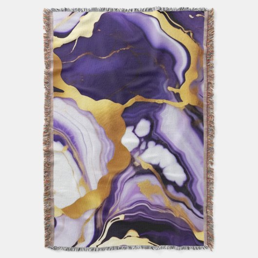 はっきりしたトレンディー紫イエロー金ゴールド大理石フェイク スローブランケット (正面縦)