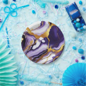 はっきりしたトレンディー紫イエロー金ゴールド大理石フェイク ペーパープレート (パーティー)