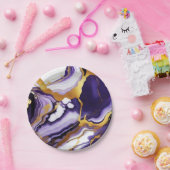 はっきりしたトレンディー紫イエロー金ゴールド大理石フェイク ペーパープレート (パーティー)