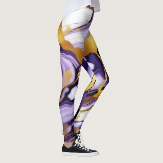 はっきりしたトレンディー紫イエロー金ゴールド大理石フェイク レギンス (右)